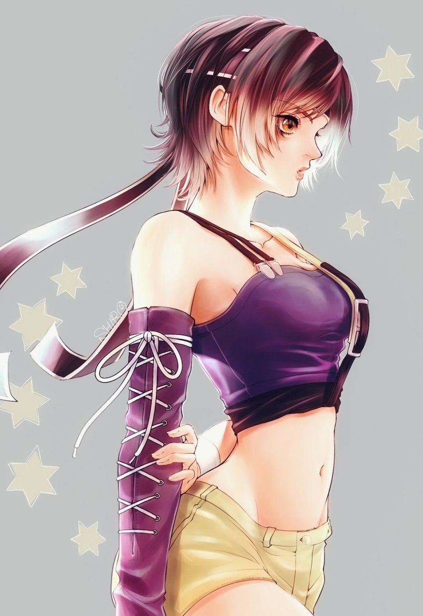 1girl, belt, brown_eyes, brown_hair, crop_top, detached_sleeves, dirge_of_cerberus:_final_fantasy_vii, final_fantasy, final_fantasy_vii, groin, headband, highres, looking_ahead, midriff, s_hitorigoto3, short_hair, shorts, square_enix, wristband, yuffie_kisaragi