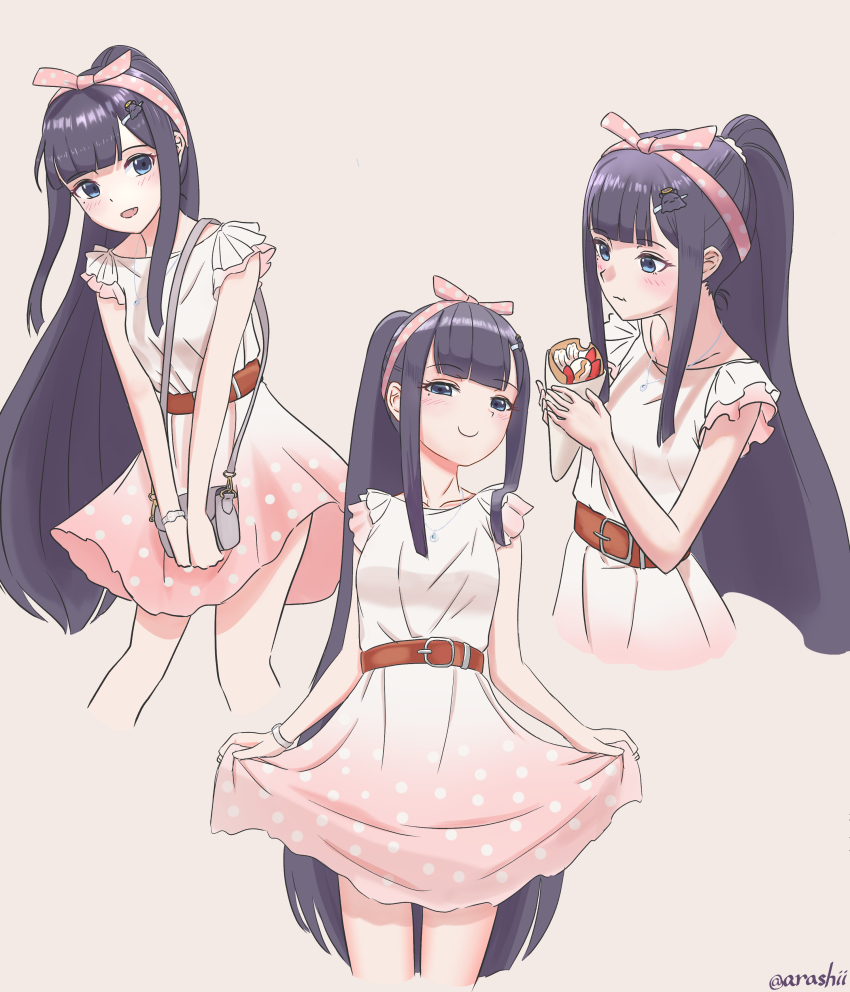 1girl, absurdres, bag, belt, blue_eyes, blunt_bangs, blush, closed_mouth, commentary, cosplay, crepe, dress, eating, english_commentary, fang, food, gradient_clothes, gradient_dress, hair_ornament, hairband, handbag, highres, hololive, hololive_english, jewelry, long_hair, looking_at_viewer, mole, mole_under_eye, nanashi_mumei, nanashi_mumei_(cosplay), narrowed_eyes, necklace, ninomae_ina'nis, open_mouth, pink_dress, pointy_ears, ponytail, purple_hair, reylan520, simple_background, sleeveless, sleeveless_dress, smile, smug, solo, takodachi_(ninomae_ina'nis), twitter_username, very_long_hair, virtual_youtuber, watch, wristwatch