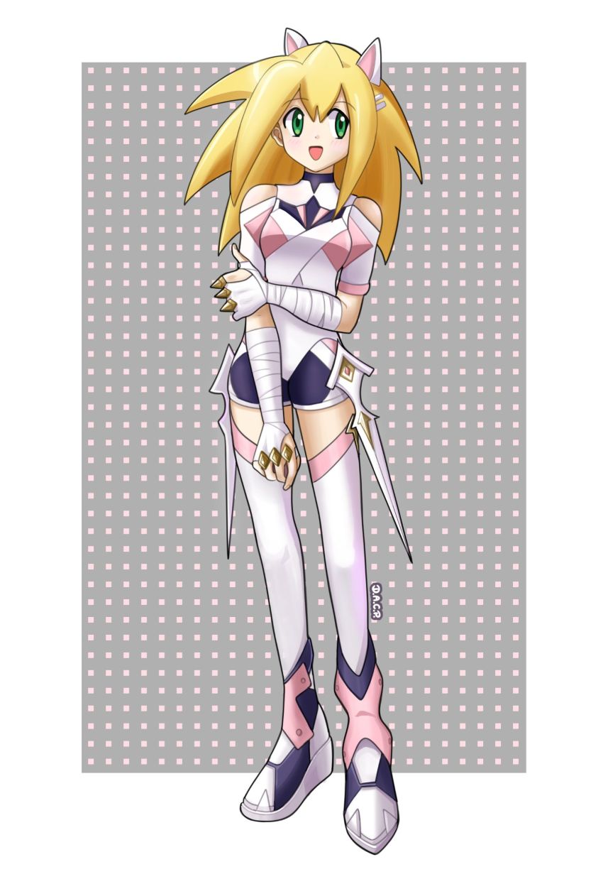 1girl, animal_ears, bandaged_arm, bandages, blush, breasts, cosplay, deniacp, erisa_(fortnite), erisa_(fortnite)_(cosplay), fortnite, full_body, highres, medium_breasts, mega_man_(series), mega_man_legends_(series), open_mouth, roll_caskett_(mega_man), smile, solo