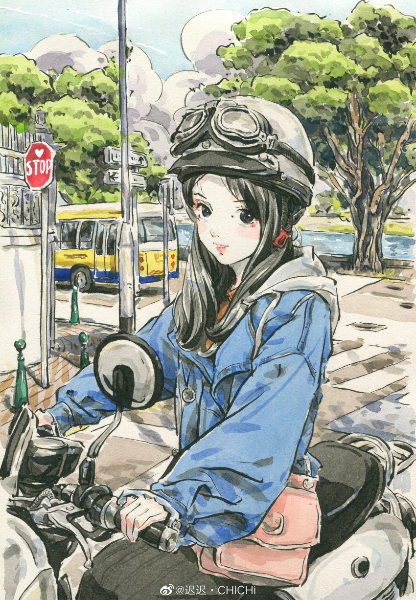 1girl, absurdres, bag, black_hair, blue_jacket, blush, bus, chichi_chichi