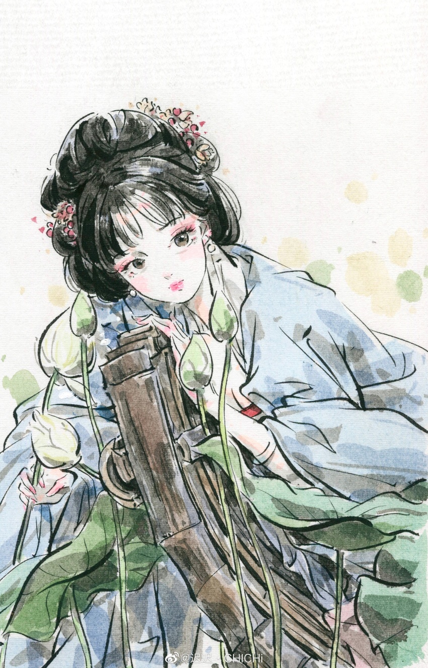 1girl, absurdres, blue_jacket, chichi_chichi, earrings, expressionless, eyeshadow, hair_ornament