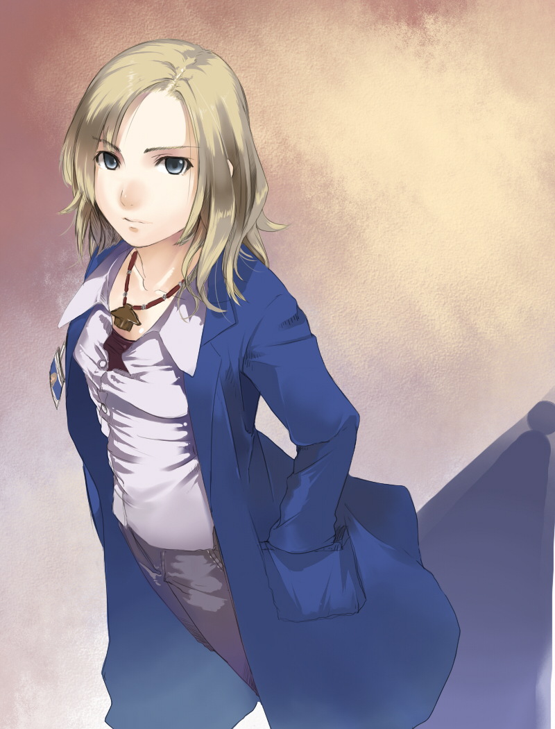 1girl, animification, bad_id, bad_pixiv_id, blonde_hair, blouse, blue_eyes, bones_(tv_series), female_focus, hand_in_pocket, hands_in_pockets, kagematsuri, lab_coat, shirt, short_hair, solo, temperance_"bones"_brennan, temperance_brennan, white_shirt