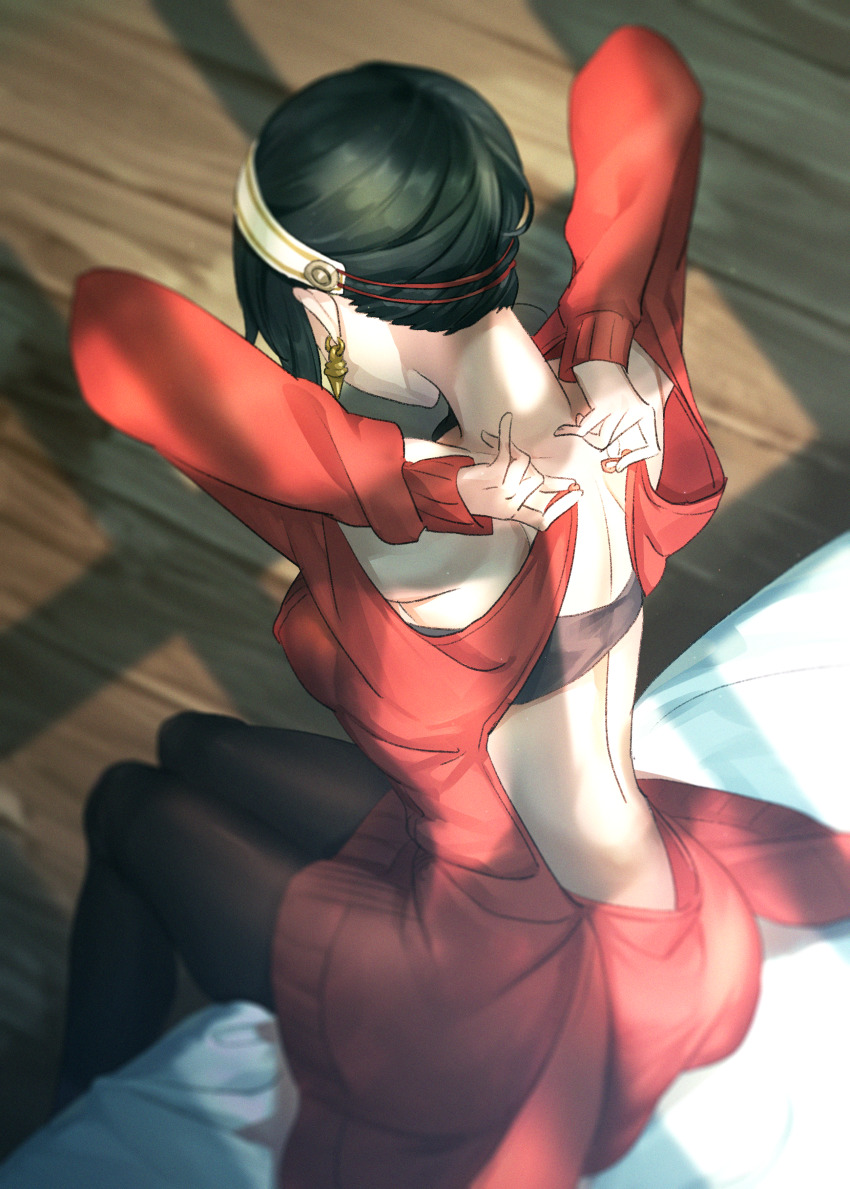 1girl, absurdres, arms_up, back, back_focus, bed_sheet, black_bra, black_hair, black_pantyhose, bra, breasts, dress, dressing, earrings, facing_away, from_above, from_behind, furon_(froon), gold_earrings, hairband, highres, jewelry, looking_down, on_bed, pantyhose, red_sweater, sitting, solo, spy_x_family, sweater, sweater_dress, underwear, undressing, white_hairband, wooden_floor, yor_briar