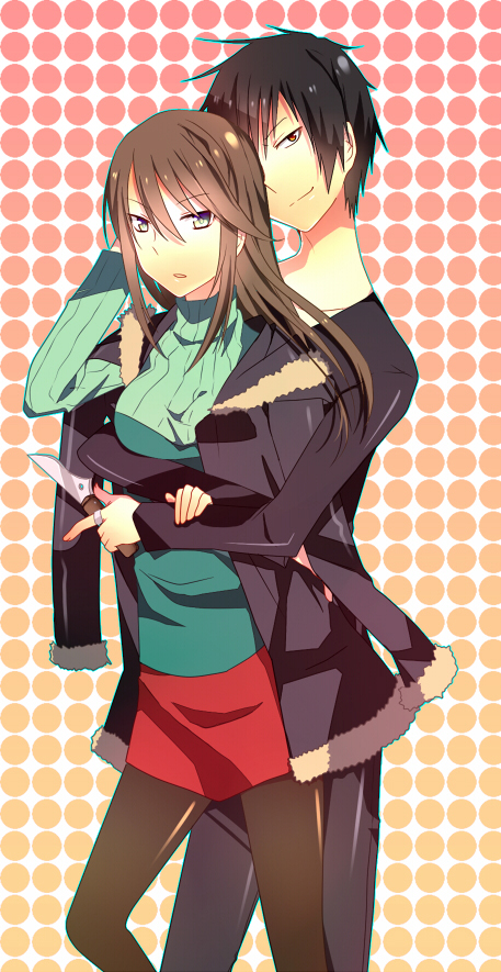 1boy, 1girl, black_hair, breasts, brown_eyes, brown_hair, coat, durarara!!