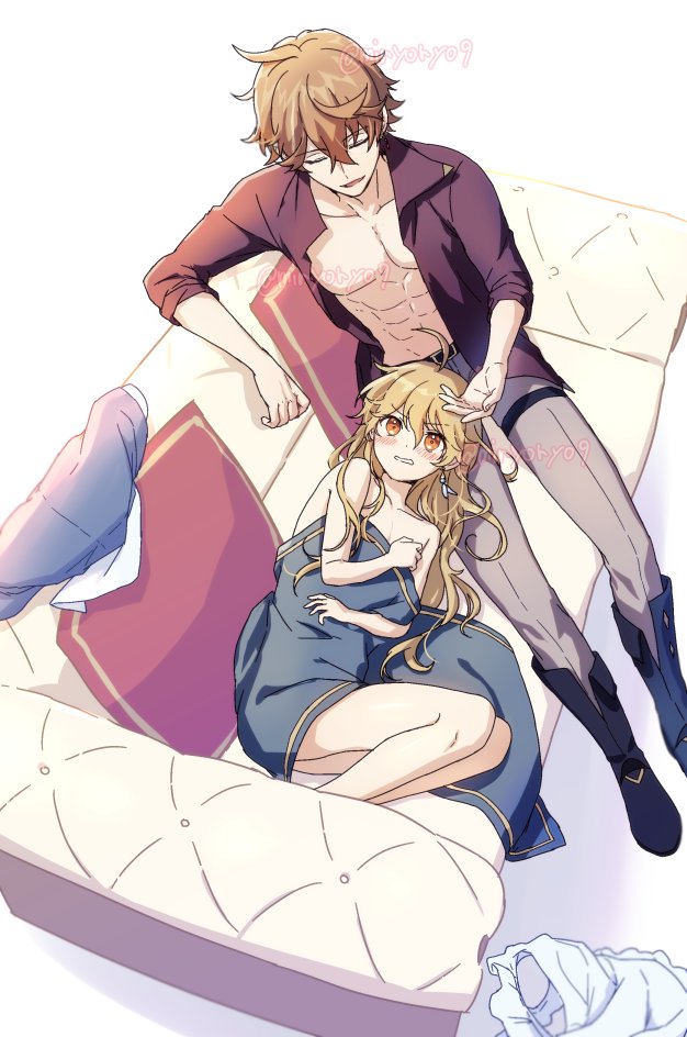 2boys, aether_(genshin_impact), ahoge, bare_legs, bare_shoulders, belt, blanket, blonde_hair