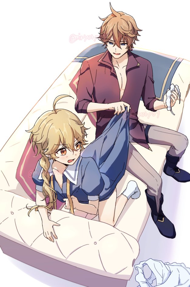 2boys, aether_(genshin_impact), ahoge, bare_legs, blonde_hair, blue_eyes, boots, braid