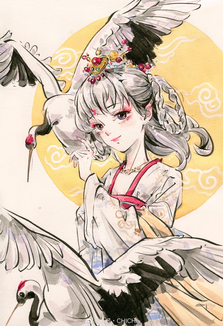 1girl, absurdres, braid, braided_hair_rings, chichi_chichi, closed_mouth, dress, eyeshadow