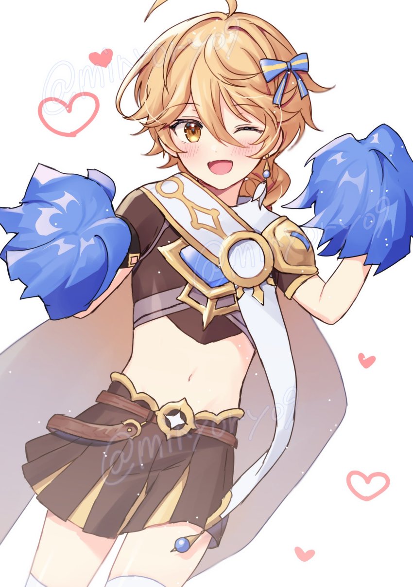 1boy, absurdres, aether_(genshin_impact), ahoge, blonde_hair, blush, bow, brown_skirt