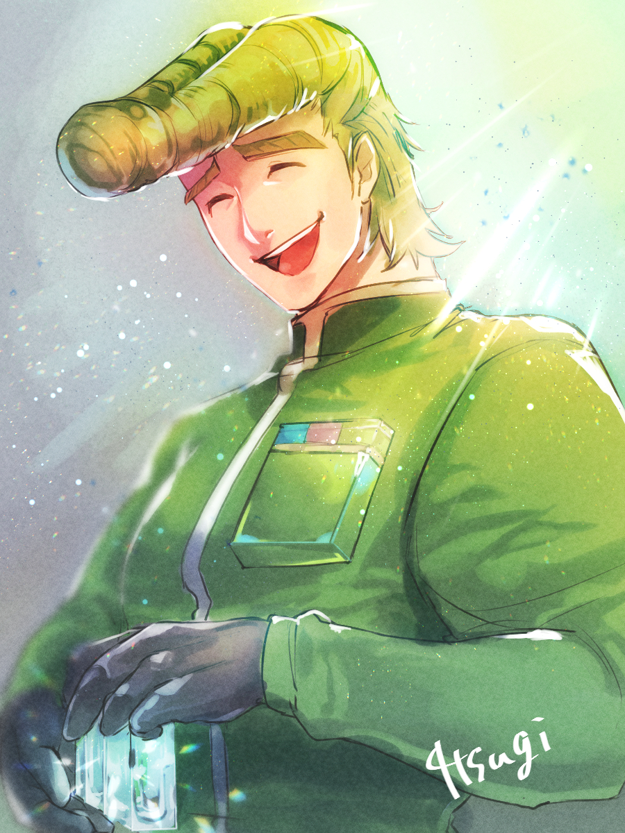 1boy, 4_tsugi, artist_name, black_gloves, closed_eyes, gloves, green_hair, green_jacket, grey_background, highres, jacket, light_rays, male_focus, open_mouth, pompadour, signature, smile, solo, teppei_(toriko), toriko_(series), upper_body