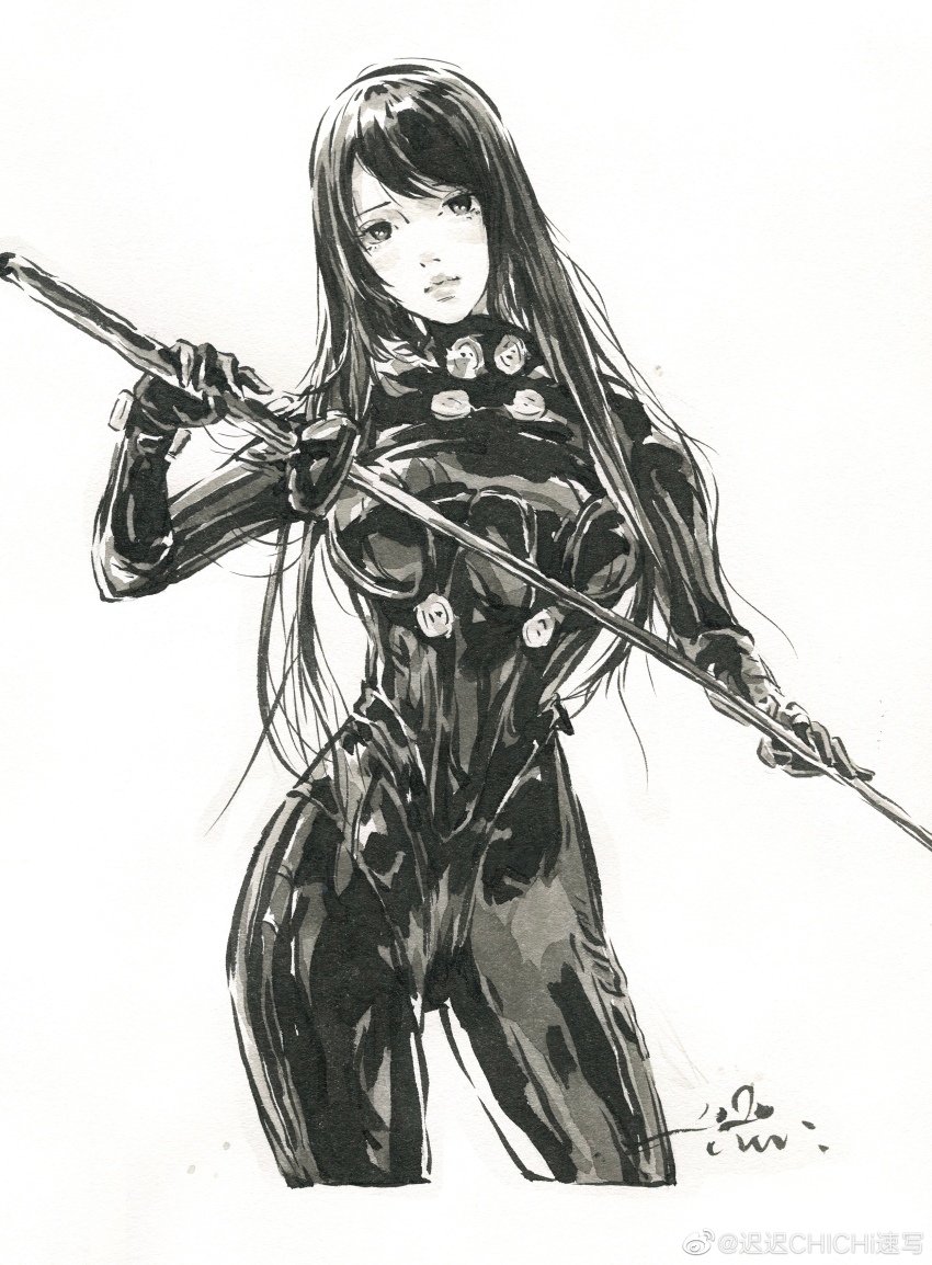 1girl, absurdres, black_hair, bodysuit, chichi_chichi, cropped_legs, expressionless, full_body, gantz, greyscale, hair_strand, highres, holding, holding_sword, holding_weapon, katana, long_hair, looking_at_viewer, monochrome, painting_(medium), shimohira_reika, shiny_clothes, solo, sword, traditional_media, upper_body, weapon
