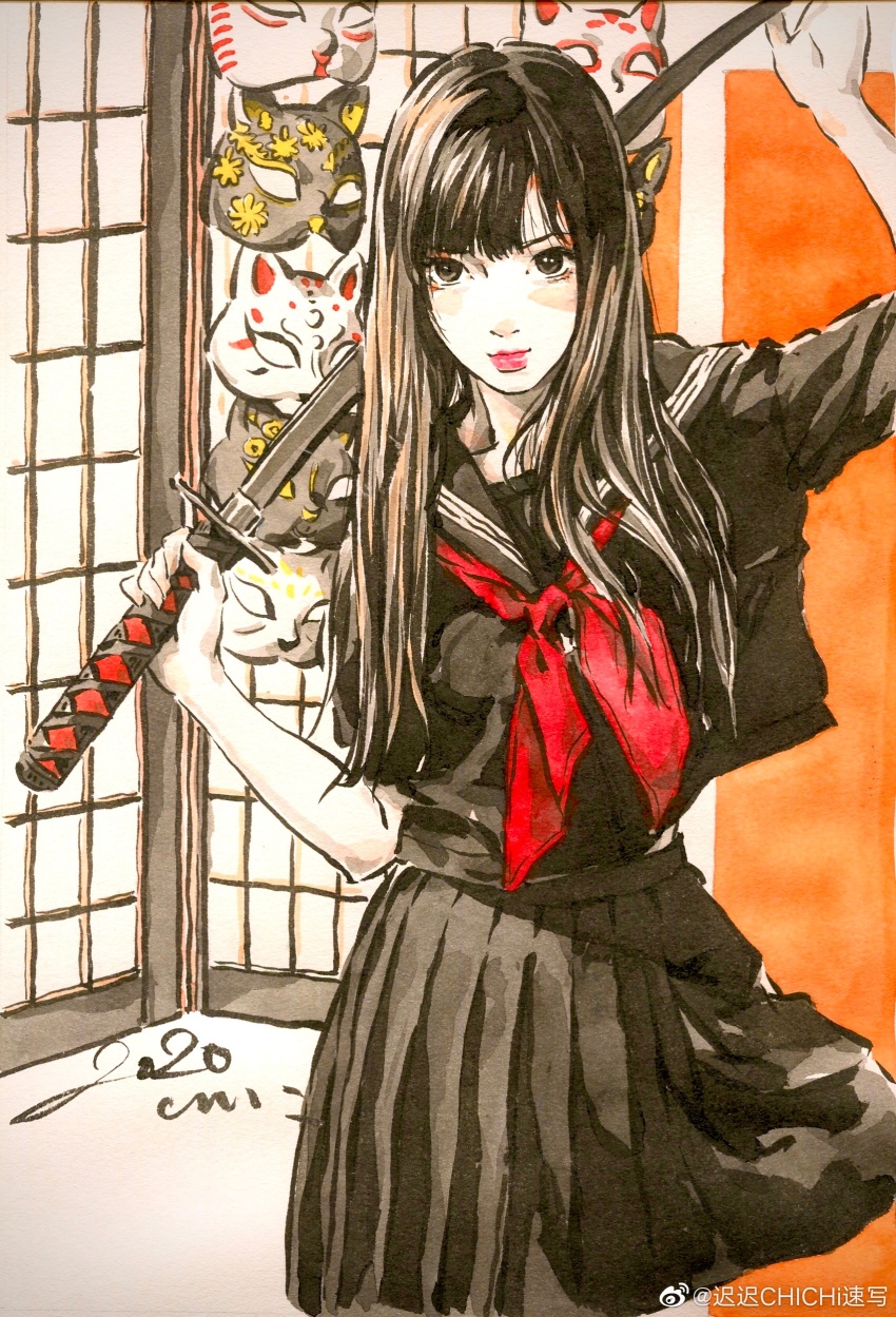 1girl, absurdres, black_hair, black_shirt, black_skirt, chichi_chichi, closed_mouth, dress