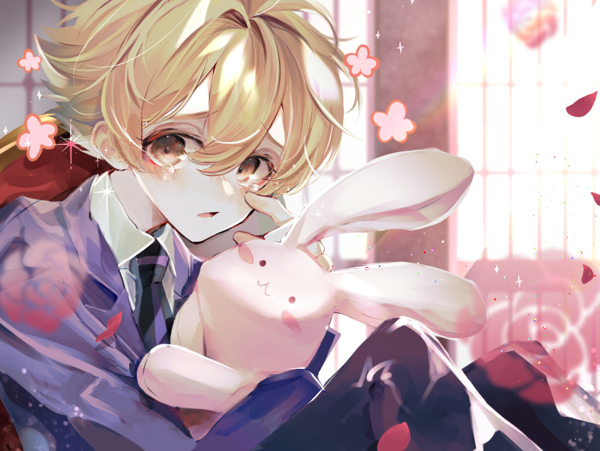 1boy, absurdres, black_necktie, black_pants, blazer, blonde_hair, blue_jacket, blush