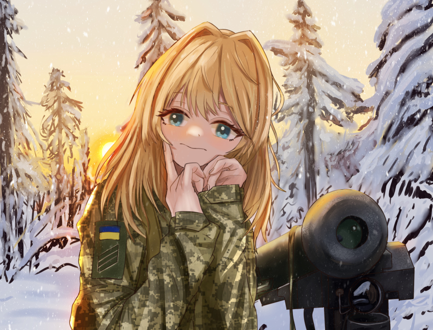 1girl, 3rd_assault_brigade, azov_battalion, blonde_hair, blue_eyes, camouflage, camouflage_jacket, cranes_(hiroro1)