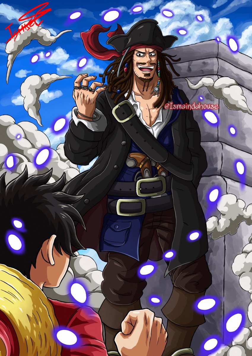 2boys, crossover, hat, highres, ismaindahouse, jack_sparrow, jewelry, long_hair, looking_at_another, monkey_d._luffy, multiple_boys, one_piece, open_mouth, pirate_costume, pirate_hat, pirates_of_the_caribbean, ring, smile