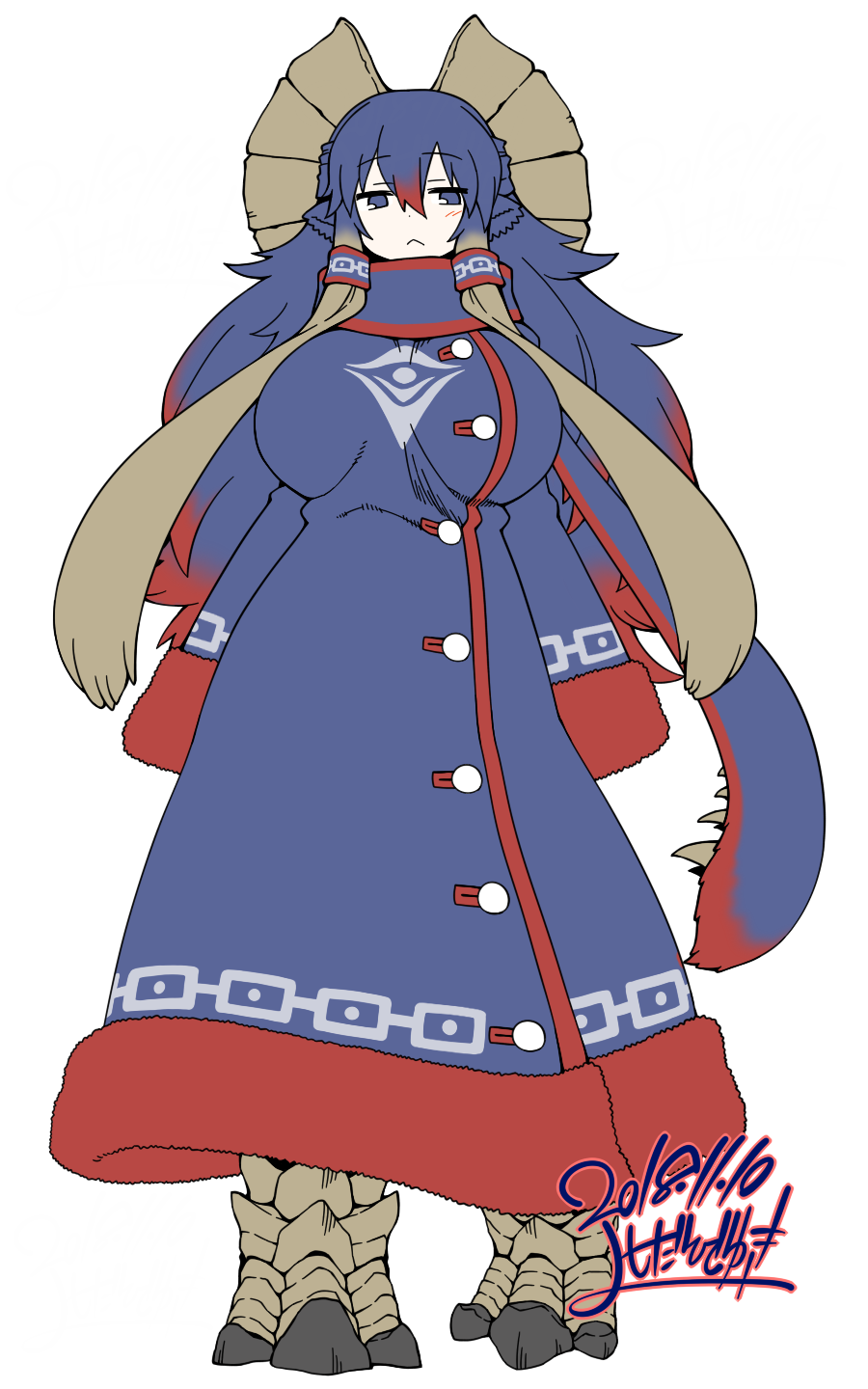 1girl, 2018, alpha_signature, animal_ears, animal_feet, blue_dress, blue_eyes, blue_hair, blue_scarf, brown_hair, colored_tips, dress, full_body, fur-trimmed_dress, fur-trimmed_sleeves, fur_trim, gammoth, hair_between_eyes, highres, horns, long_hair, long_sleeves, looking_at_viewer, monster_girl, monster_hunter_(series), multicolored_hair, no_pupils, personification, red_hair, scarf, sidelocks, sleeves_past_fingers, sleeves_past_wrists, solo, very_long_hair, white_background, yoshida_hideyuki