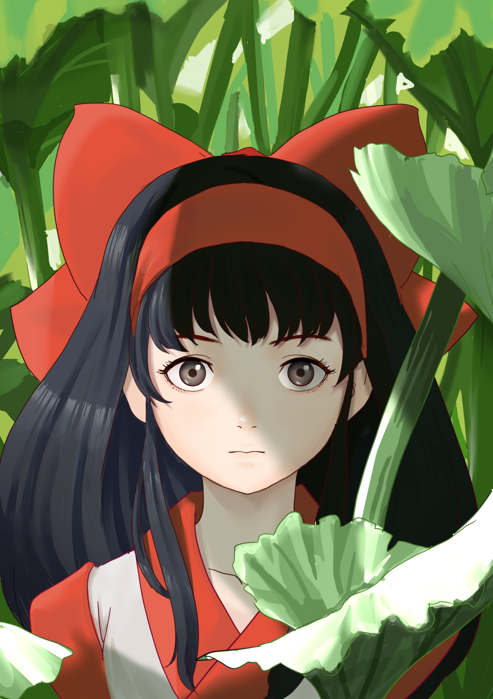 1girl, ainu_clothes, aki_hiro, black_eyes, black_hair, bow, highres, long_hair