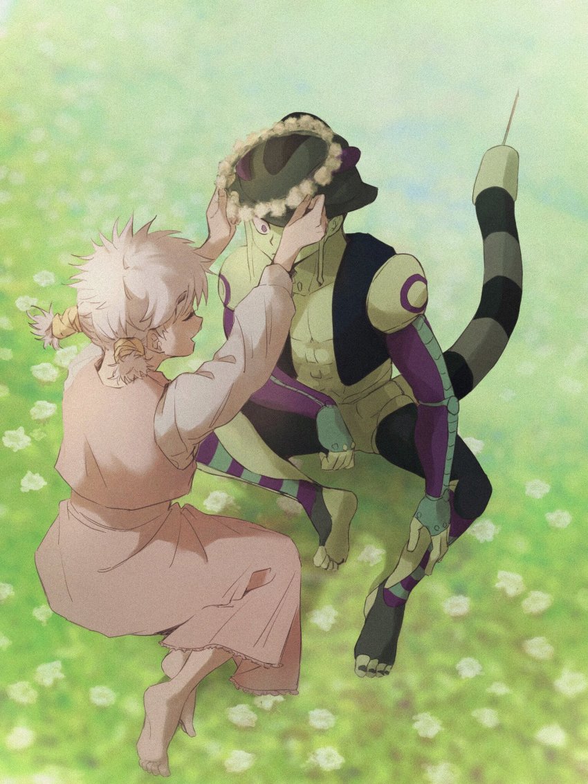 1boy, 1girl, dress, field, flower, flower_field, from_above, grass