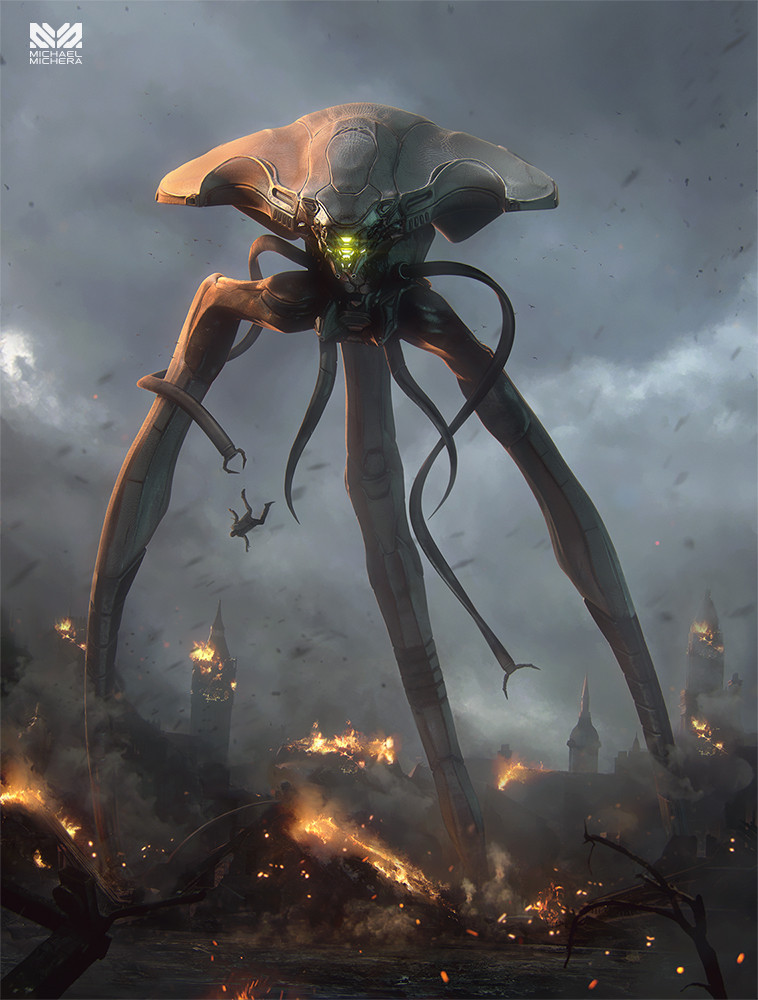 alien, bad_end, building, burning, cable, claws, cloud, commentary, debris, english_commentary, falling, fire, glowing, logo, mecha, mecha_focus, michera, non-humanoid_robot, original, pincers, realistic, redesign, robot, ruins, science_fiction, signature, tentacles, tossing, tripod_(mecha), walker_(robot), war_of_the_worlds