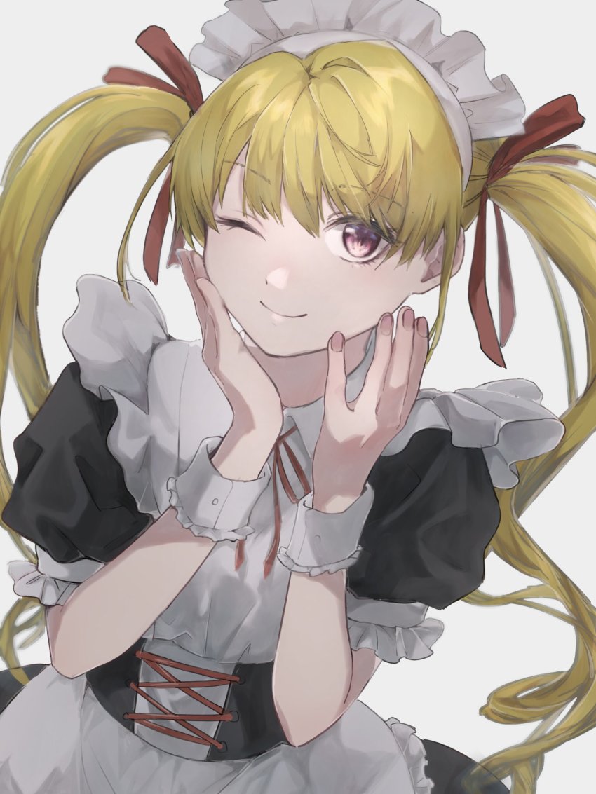 1girl, ;), apron, biscuit_krueger, blonde_hair, highres, hunter_x_hunter, lolita_fashion, maid, maid_apron, maid_headdress, one_eye_closed, re_tae44, red_eyes, ribbon, short_sleeves, smile, solo, twintails, wrist_cuffs