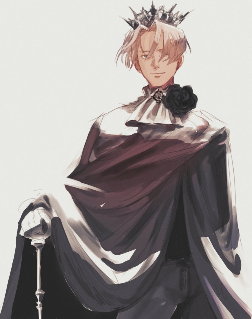 1boy, ace_attorney, alternate_costume, ascot, brown_hair, cape, crown, highres