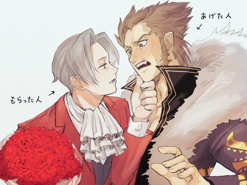 2boys, ace_attorney, ace_attorney_investigations, ascot, blush, brown_hair, coat, fang, flower, flustered, fur_trim, grey_hair, hand_on_another's_chin, highres, kanon_0201kk, male_focus, miles_edgeworth, multiple_boys, red_coat, rose, shi-long_lang, smile, yaoi