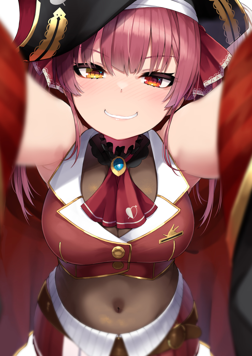 1girl, absurdres, ascot, black_hat, blush, bodystocking, breasts, cleavage, hair_ribbon, hat, heterochromia, highres, hololive, hototogisu_(hot_to_gis), houshou_marine, incoming_hug, jacket, large_breasts, long_hair, looking_at_viewer, outstretched_arms, pirate_hat, red_ascot, red_eyes, red_hair, red_jacket, red_ribbon, ribbon, see-through_clothes, see-through_cleavage, sleeveless, sleeveless_jacket, smile, solo, twintails, virtual_youtuber, yellow_eyes