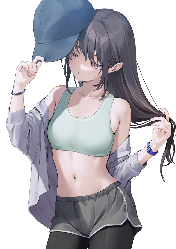 1girl, bare_shoulders, baseball_cap, black_hair, black_pantyhose, breasts, collarbone, cowboy_shot, crop_top, dolphin_shorts, green_sports_bra, grey_jacket, grey_shorts, hat, holding, holding_unworn_clothes, holding_unworn_hat, jacket, long_hair, looking_away, medium_breasts, midriff, navel, ne-on, off_shoulder, open_clothes, open_jacket, orange_eyes, original, pantyhose, short_shorts, shorts, sidelocks, simple_background, sleeveless, solo, sports_bra, stomach, sweatdrop, unworn_hat, unworn_headwear, watch, white_background, wristwatch