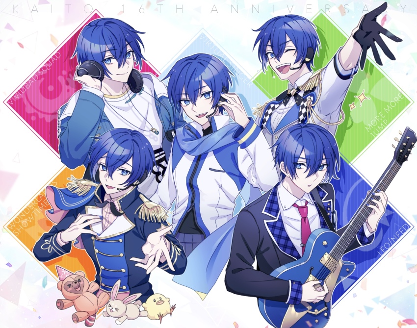 5boys, ;d, blue_eyes, blue_hair, gloves, guitar, headphones, highres, iceman_desu, instrument, kaito_(vocaloid), lapels, leo/need_(project_sekai), leo/need_kaito, long_sleeves, male_focus, more_more_jump!_(project_sekai), more_more_jump!_kaito, multiple_boys, multiple_persona, one_eye_closed, open_mouth, plaid_clothes, plaid_lapels, project_sekai, scarf, smile, vivid_bad_squad_(project_sekai), vivid_bad_squad_kaito, vocaloid, wonderlands_x_showtime_(project_sekai), wonderlands_x_showtime_kaito