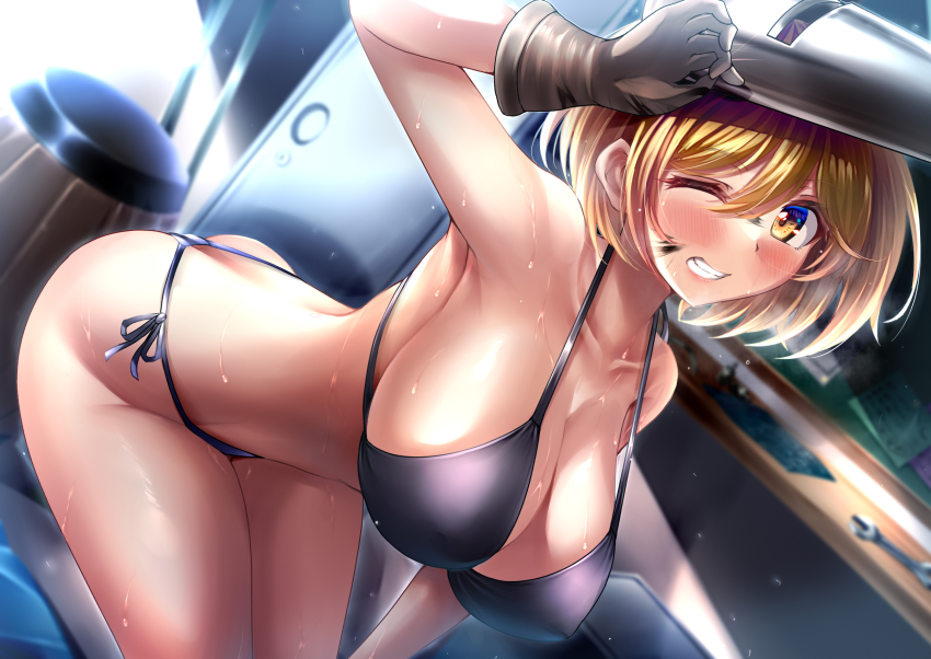 1girl, barrel, bent_over, bikini, black_bikini, blonde_hair, blurry, blurry_background