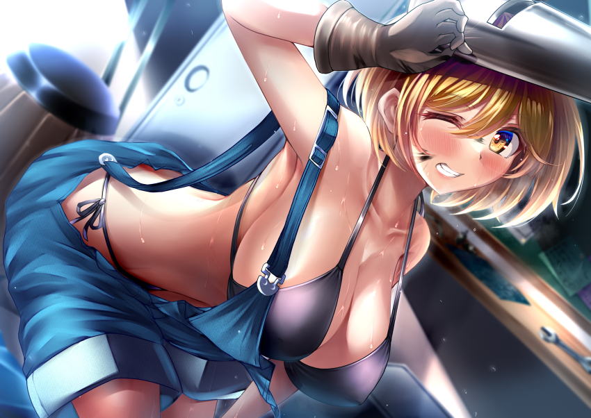 1girl, barrel, bent_over, bikini, bikini_under_clothes, black_bikini, blonde_hair, blue_overalls