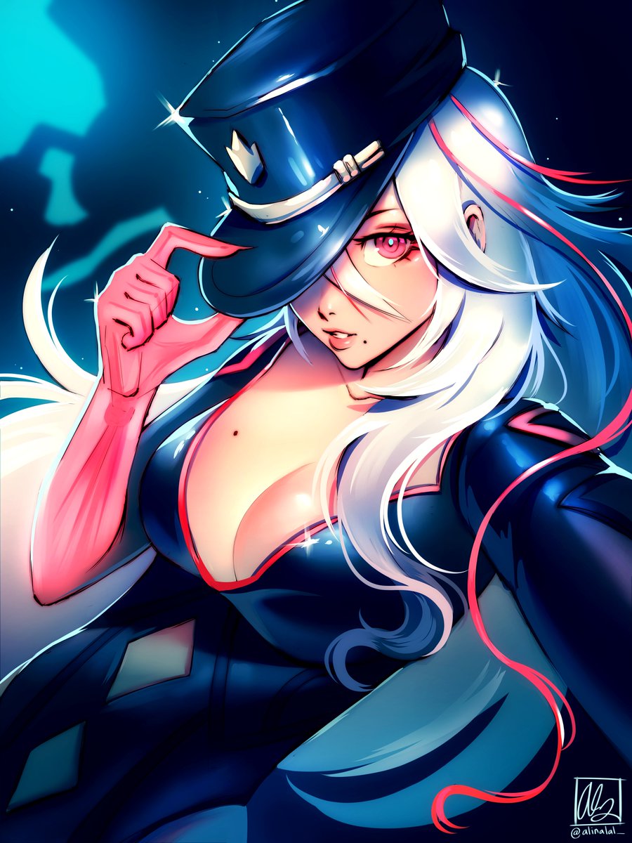 1girl, adjusting_clothes, adjusting_headwear, ai_the_somnium_files, ai_the_somnium_files:_nirvana_initiative, alina_l, artist_name, black_bodysuit