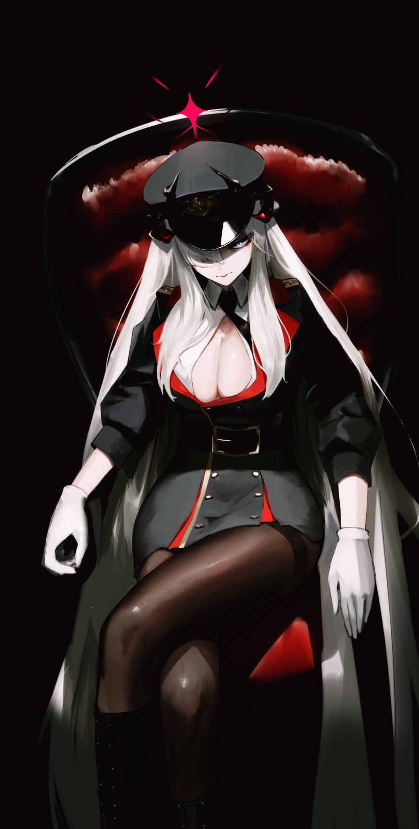 1girl, absurdres, asymmetrical_bangs, belt, belt_buckle, black_background, black_belt, black_boots