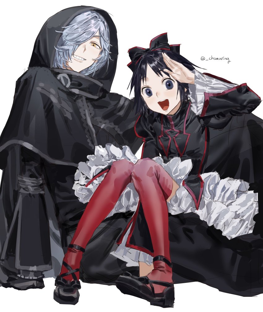 2girls, absurdres, black_dress, black_footwear, black_hair, chamuring, dress, frilled_dress, frilled_sleeves, frills, grey_eyes, grey_hair, grin, gyubid, highres, hood, hood_up, kuromajo-san_ga_tooru!!, kurotori_chiyoko, long_hair, long_sleeves, looking_at_viewer, multiple_girls, open_mouth, red_legwear, short_hair, sitting, smile, twitter_username, white_background, wide_sleeves, yellow_eyes