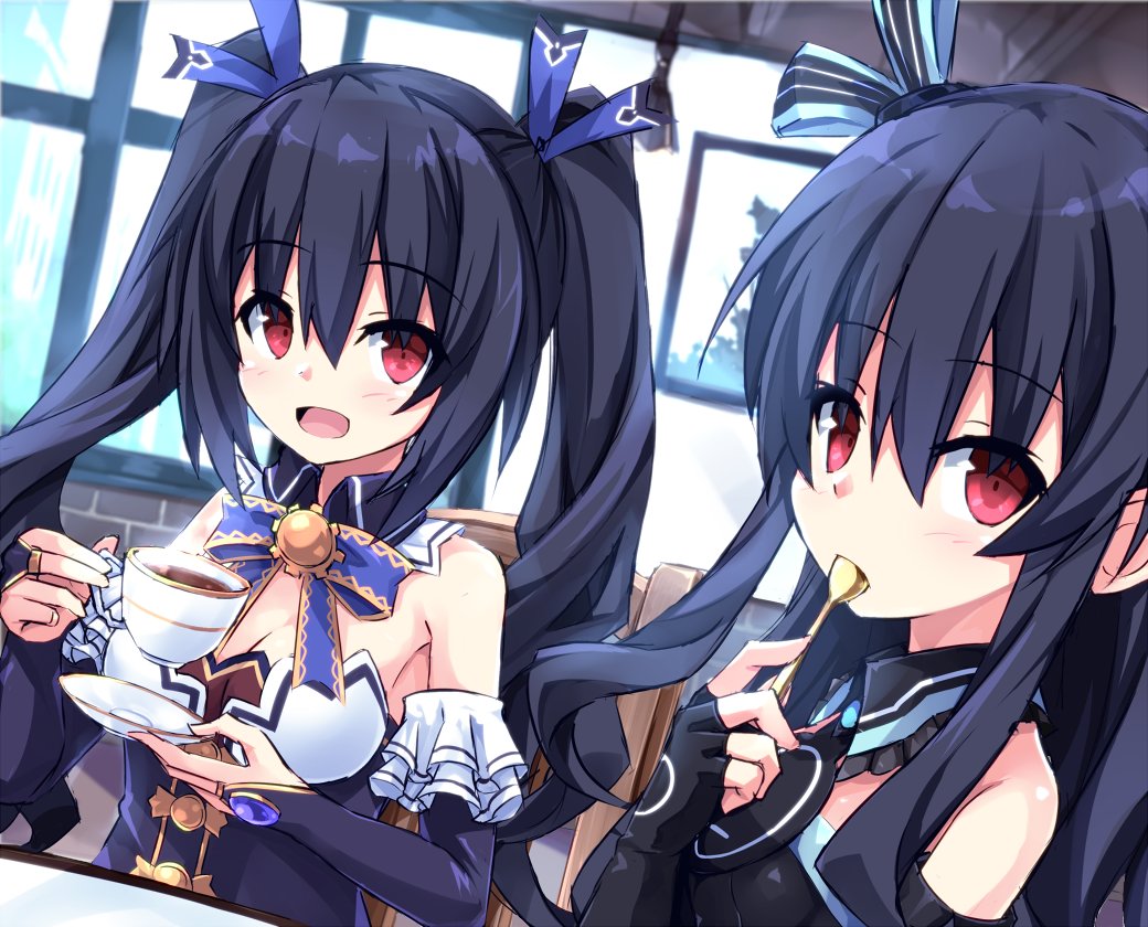 bare_shoulders, black_hair, breasts, cafe, cleavage, collar, cup, detached_collar, dress, eating, gloves, happy, jacket, long_hair, medium_breasts, microsoft_windows, mug, neptune_(series), noire_(neptunia), open_mouth, red_eyes, ribbon, siblings, sisters, small_breasts, soucer, spoon, starmine255, table, tea, tsundere, twintails, two_side_up, uni_(neptunia), very_long_hair, vest, waistcoat, window_pane