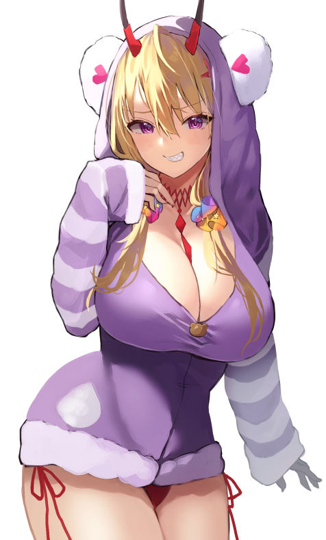 1girl, azur_lane, blonde_hair, breasts, cowboy_shot, grin, hair_ornament, hair_scrunchie