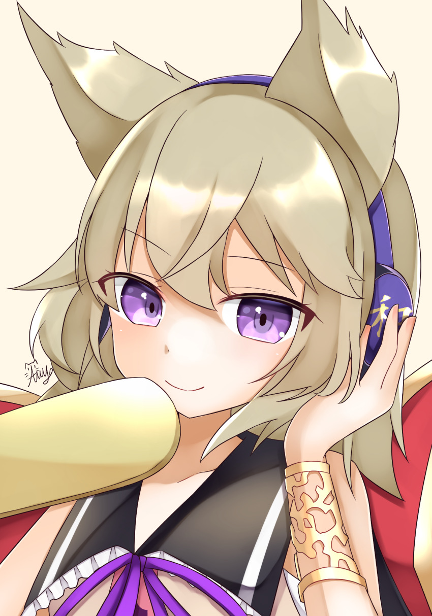 1girl, bare_shoulders, bracelet, cape, earmuffs, gold_trim, hair_between_eyes, hand_up