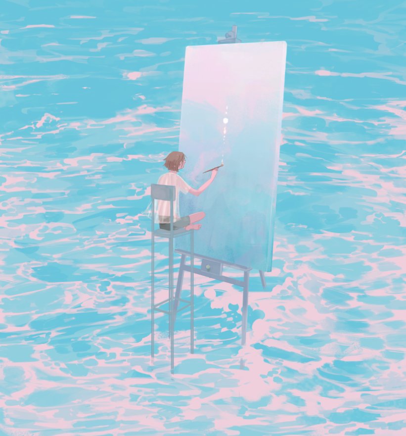 1girl, amei_zhao, barefoot, black_shorts, blue_theme, brown_hair, canvas_(object), chair