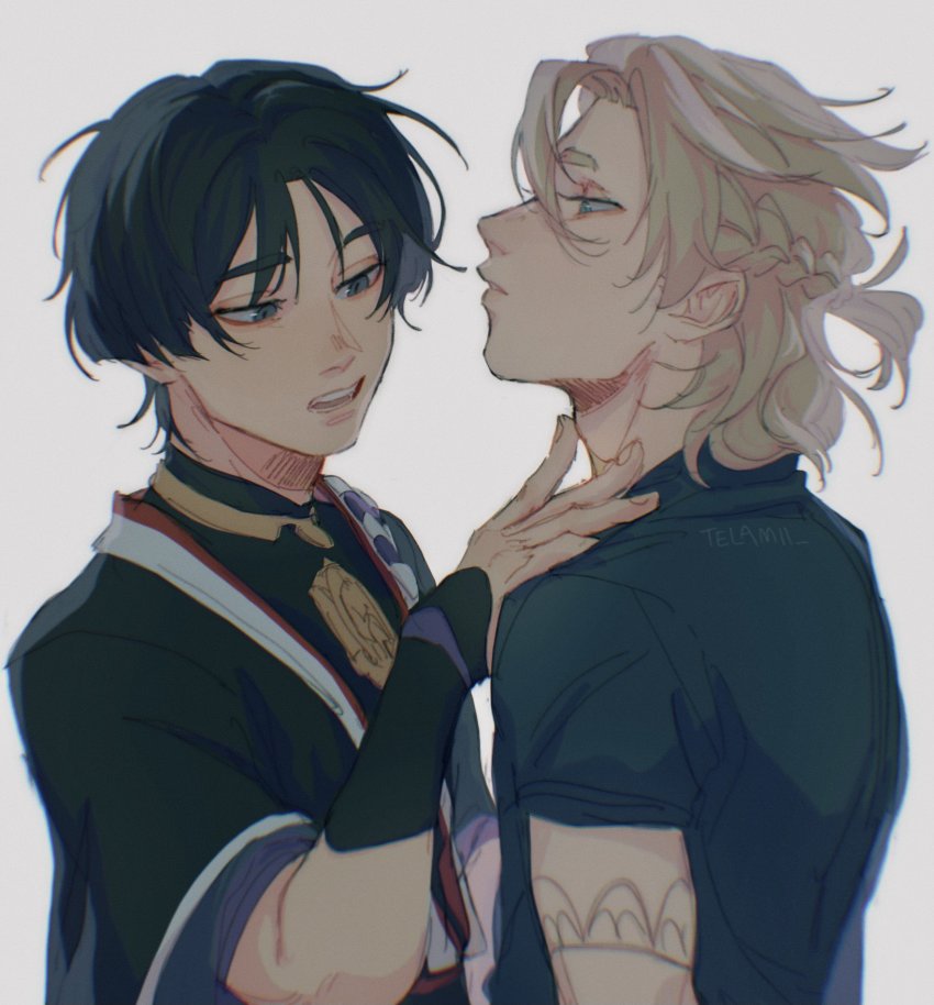 2boys, albedo_(genshin_impact), armor, black_hair, blonde_hair, braid, eyeliner, finger_to_neck, genshin_impact, grey_eyes, highres, japanese_armor, japanese_clothes, kote, kurokote, looking_at_another, male_focus, mitsudomoe_(shape), multiple_boys, red_eyeliner, scaramouche_(genshin_impact), short_hair, short_sleeves, simple_background, sketch, telamii, tomoe_(symbol)