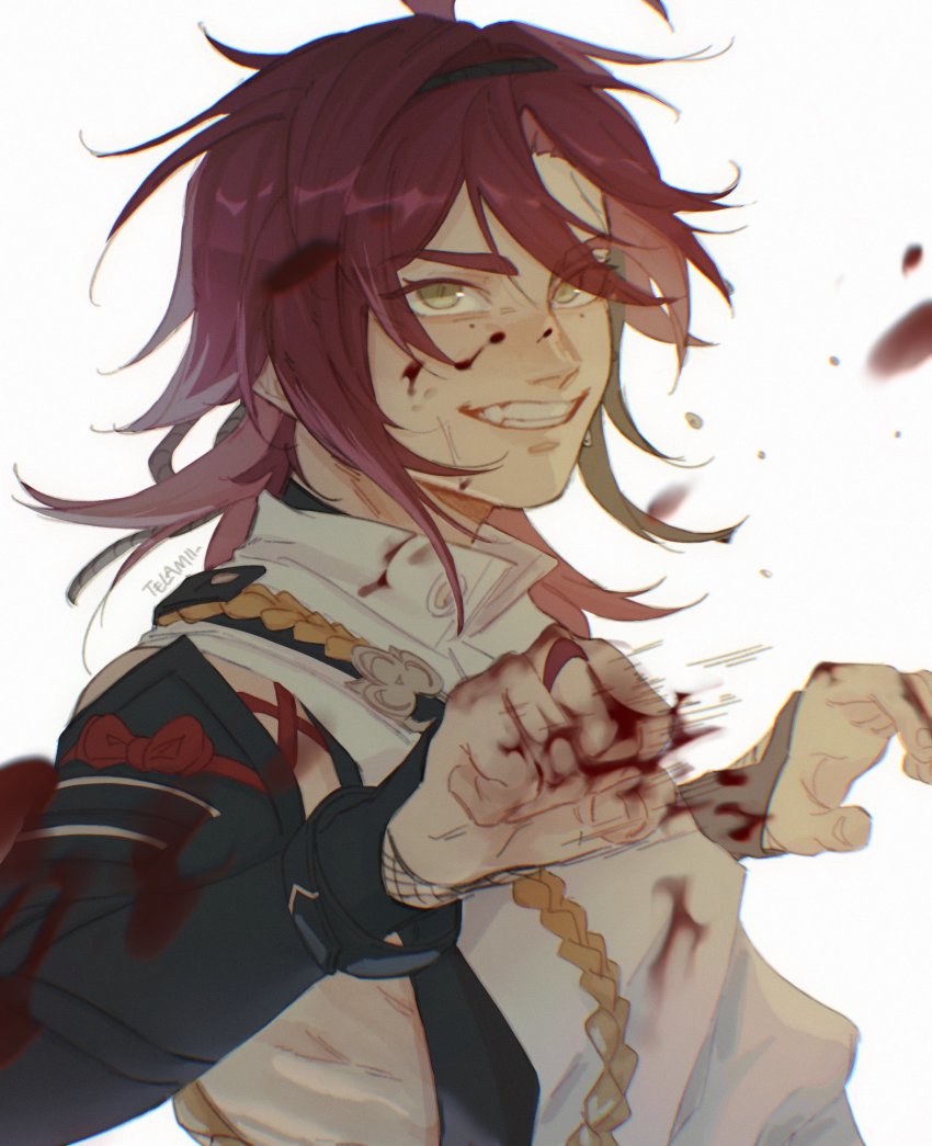 1boy, ahoge, aiguillette, armor, blood, blood_on_clothes, blood_on_face, blood_on_hands, brown_hair, fishnets, genshin_impact, green_eyes, highres, japanese_armor, japanese_clothes, kote, kurokote, long_hair, looking_at_viewer, low_ponytail, male_focus, mole, mole_under_eye, multicolored_hair, ponytail, red_hair, shikanoin_heizou, simple_background, smile, sweatdrop, telamii, two-tone_hair, white_background