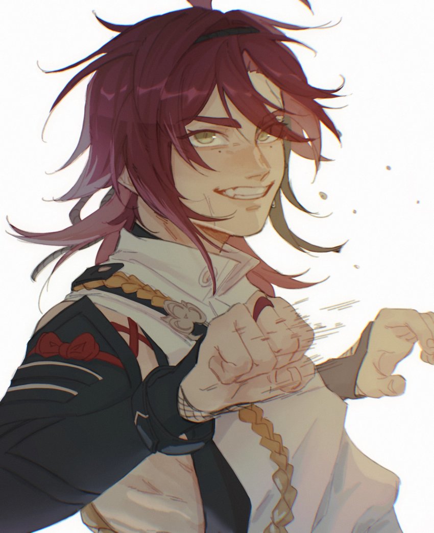 1boy, ahoge, aiguillette, armor, brown_hair, fishnets, genshin_impact, green_eyes