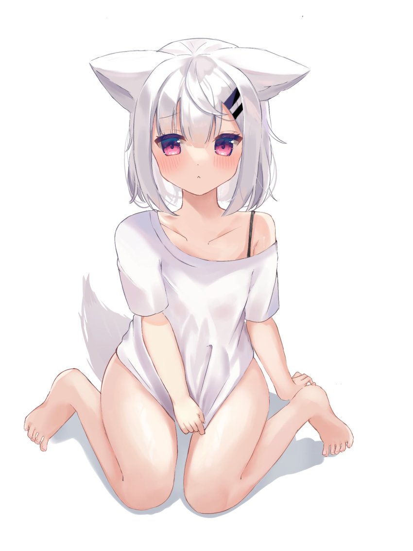 1girl, :<, animal_ears, ao_kotoha, bad_id, bad_twitter_id, bare_legs, barefoot