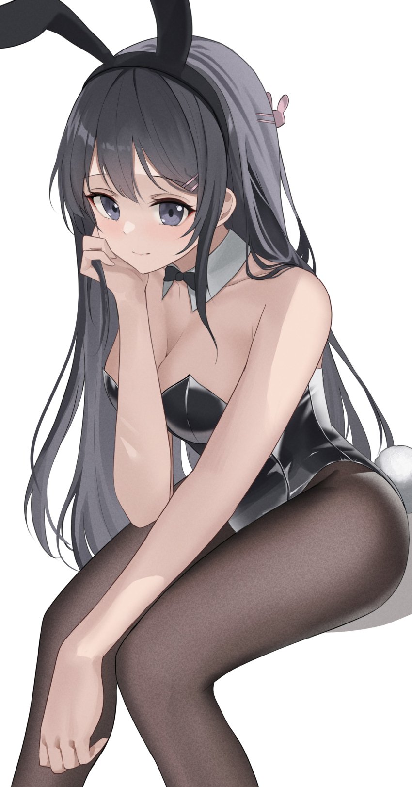 1girl, absurdres, animal_ears, bare_shoulders, black_bow, black_bowtie, black_hair, black_leotard