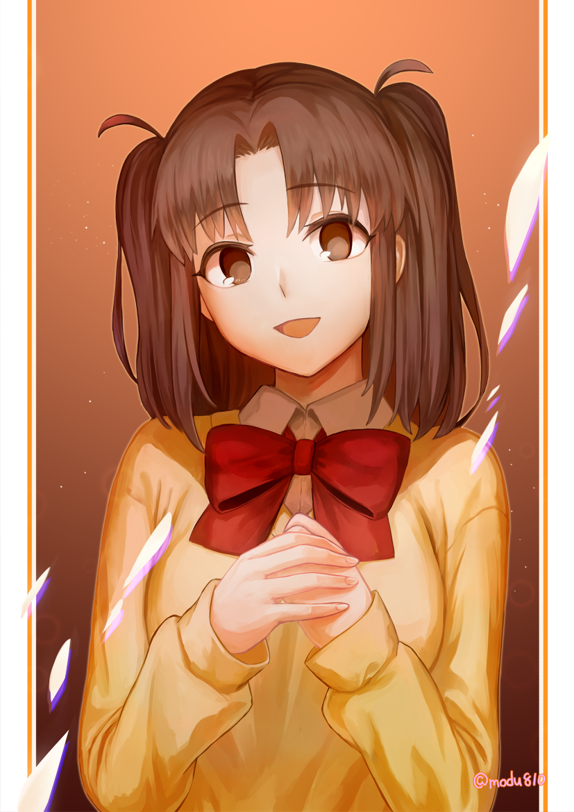 1girl, bow, bowtie, brown_eyes, brown_hair, cardigan, collared_shirt, commentary_request