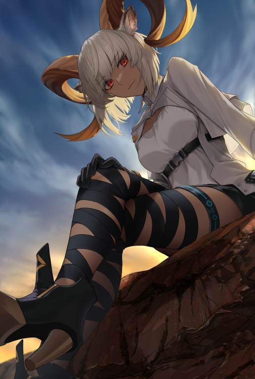 1girl, animal_ears, arknights, arm_support, belt, black_belt, black_footwear, black_gloves