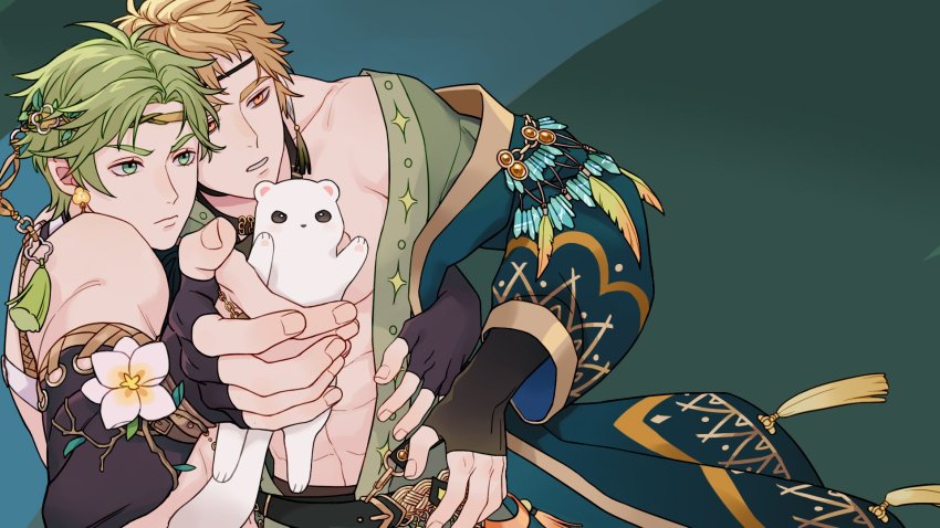 2boys, abs, black_gloves, blonde_hair, earrings, elbow_gloves, fingerless_gloves, fingernails