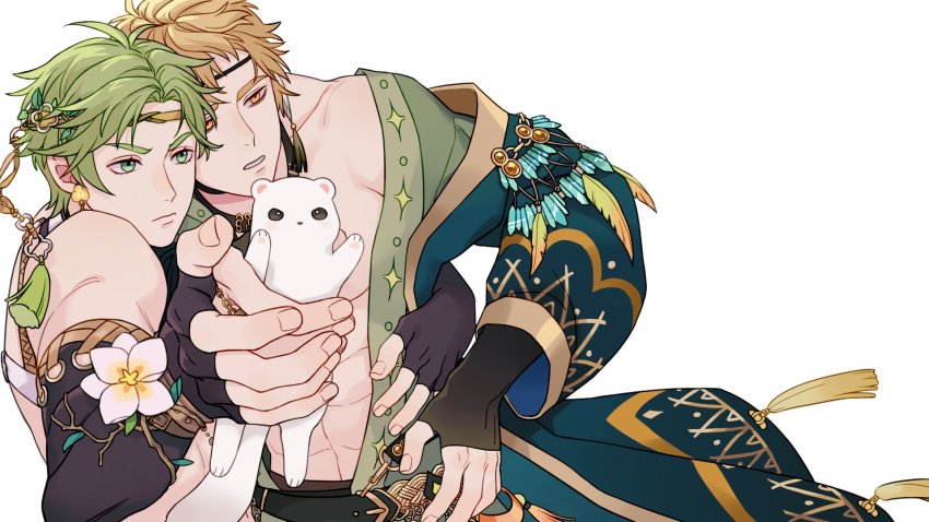 2boys, abs, black_gloves, blonde_hair, earrings, elbow_gloves, fingerless_gloves, fingernails