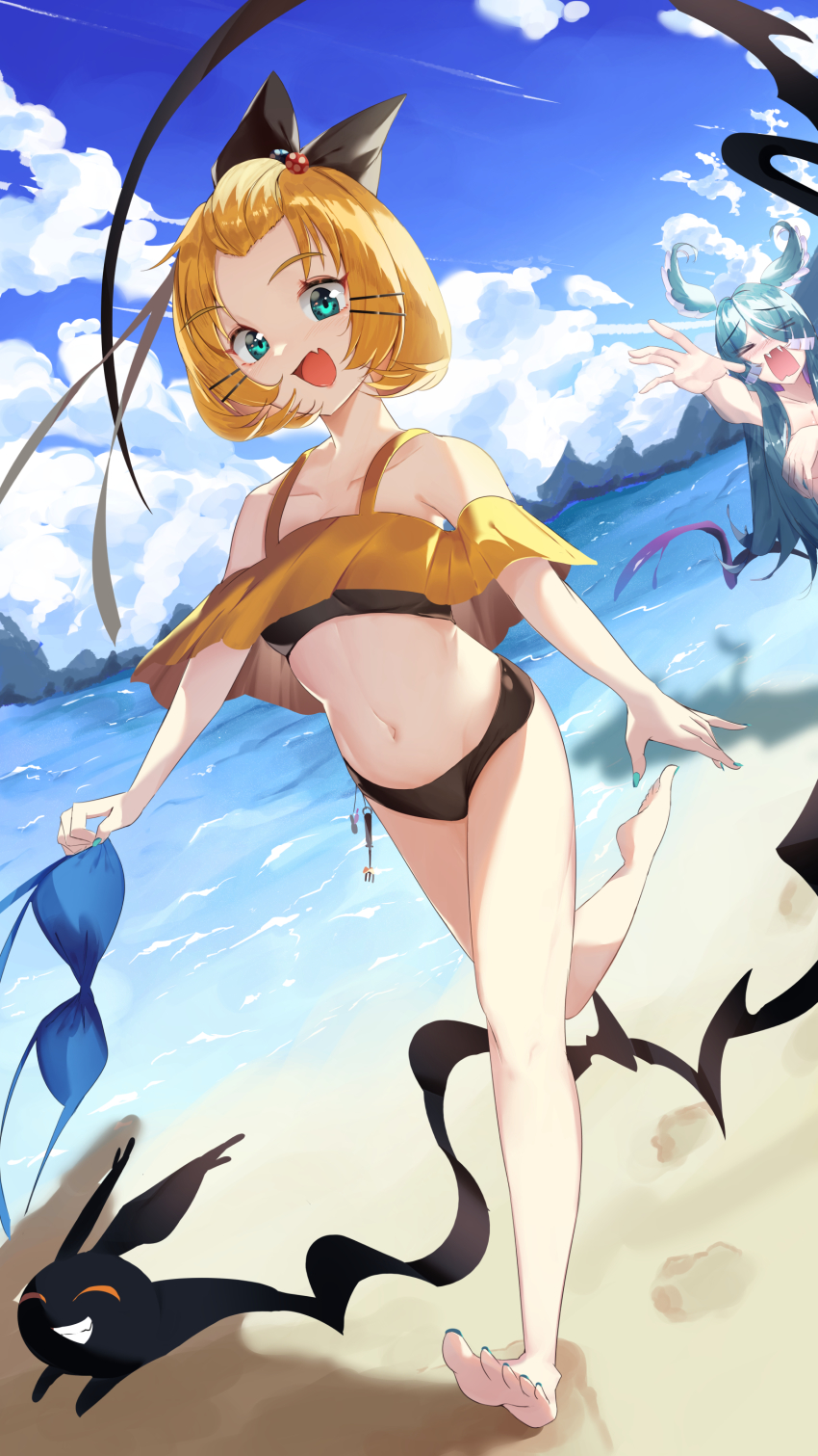 2girls, absurdres, aqua_eyes, bangs_pinned_back, barefoot, beach, bikini, black_bikini