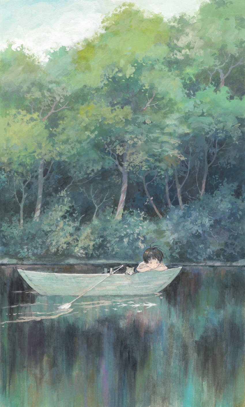 1other, androgynous, animal, black_hair, boat, child, commentary, fish