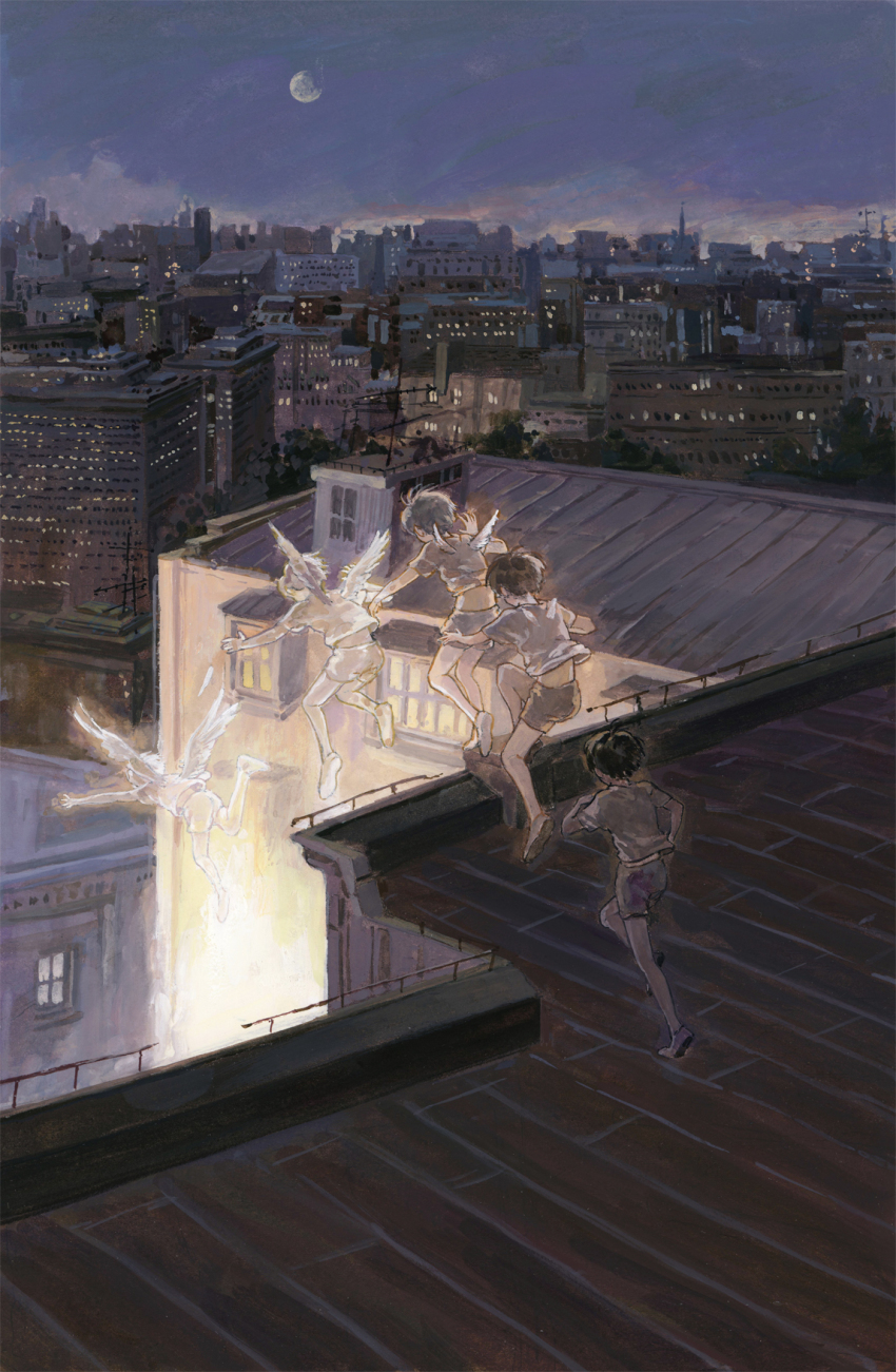 1boy, afterimage, angel, black_hair, city, feathered_wings, flying, from_above, from_behind, highres, jumping, moon, night, on_roof, original, outdoors, outstretched_arms, railing, running, sequential, shirt, shoes, short_hair, short_sleeves, shorts, sky, songshu_work, suicide, t-shirt, transparent, wings