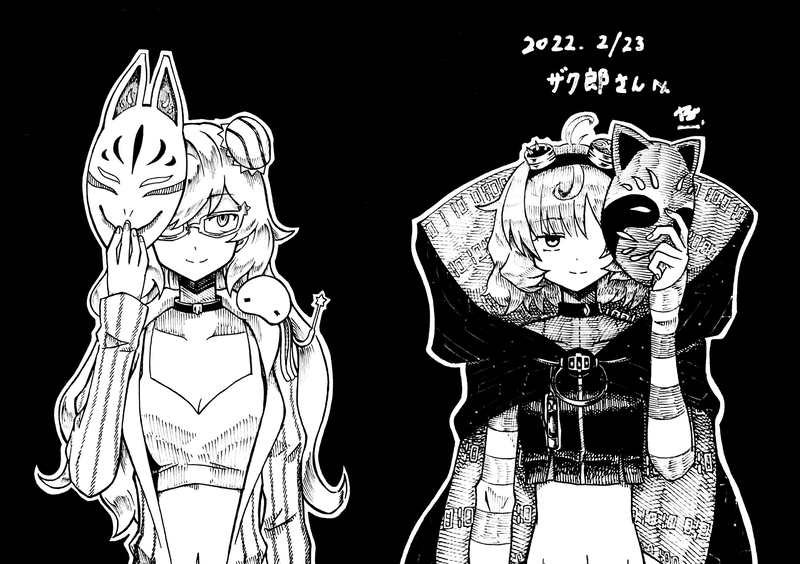 2girls, ahoge, animal, animal_on_shoulder, arm_at_side, binary, black_background, chest_tattoo